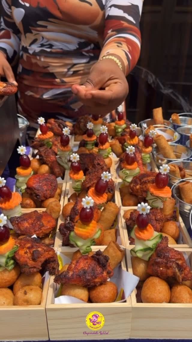 Chopznskillz small chops boxes with grilled chicken, puff puff and spring rolls